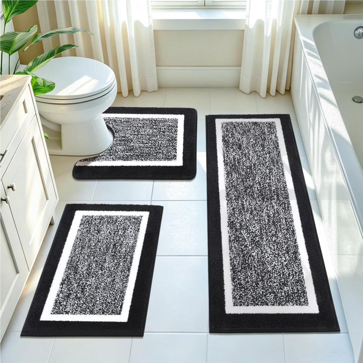 Pauwer Bathroom Rug Sets 3 Piece, Non Slip Washable Bath Mat, Black