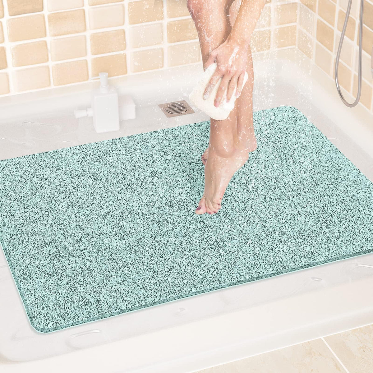 LuxStep Shower Mat Bathtub Mat,24x16 inch, Non-Slip Bath Mat with Drain, Quick Drying PVC Loofah Bathmat for Tub,Shower,Bathroom (Phthalate Free,Grey)