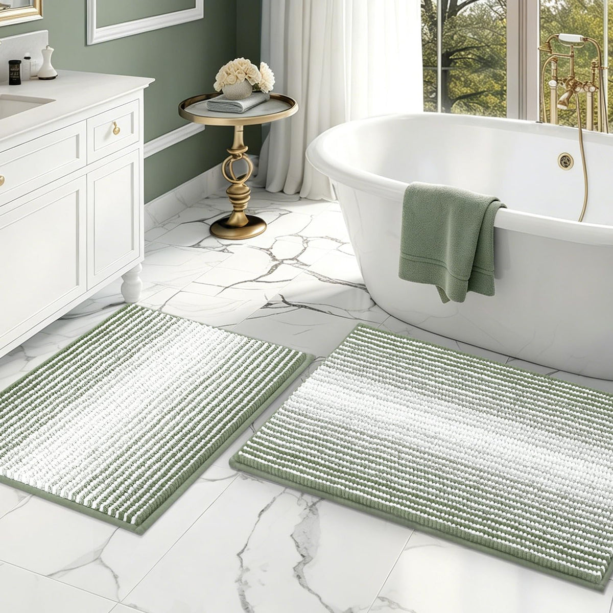 BSICPRO Bathroom Rugs Sets 2 Piece, Non Slip Striped Bath Mats, Aqua Green