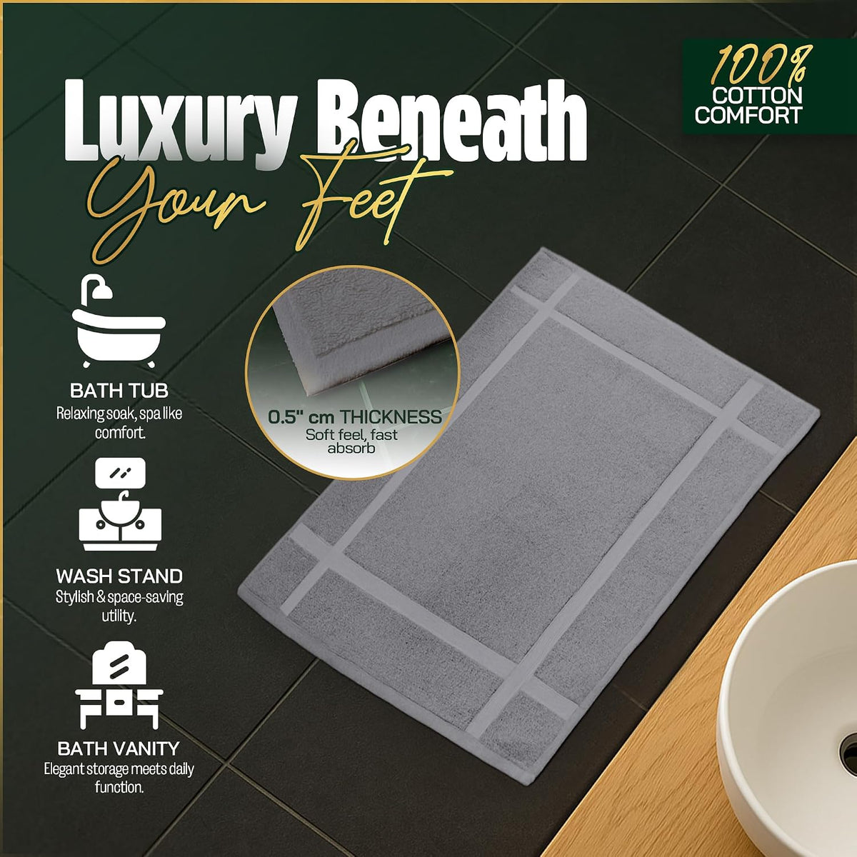 Pearl Linens 100% Ring Spun Cotton Bath Mat (Pack of 2) 18 x 25 Inch, Washable, Soft & Absorbent Terry Bathroom Floor Mat – Not Bathroom Rugs – Quick-Dry After Shower Bath Mat, 781 GSM, Light Grey