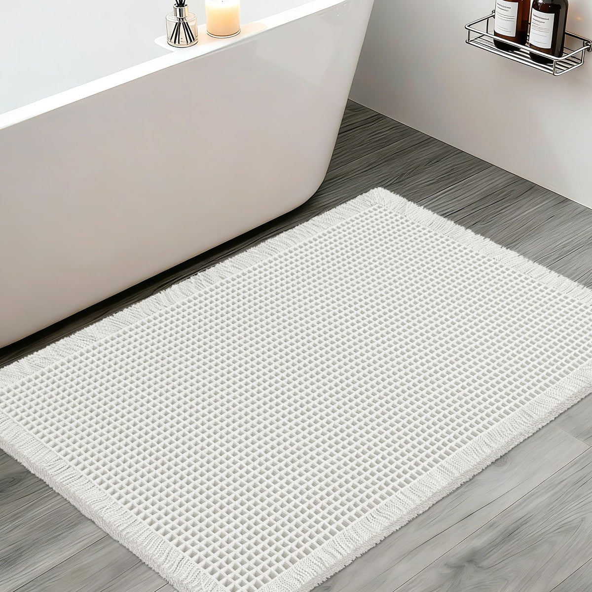 Upgraded Waffle Bath Mat Set 3 Piece Black-Looped, Super Absorbent Non-Slip Quick Dry Bathroom Rugs with Tassels, Machine Washable Ultra Soft Boho Bath Rugs for Floor, Toilet Mats Boho Farmhouse Decor