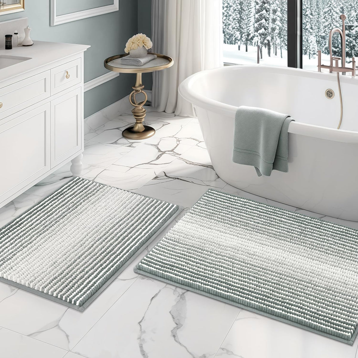 BSICPRO Bathroom Rugs Sets 2 Piece, Non Slip Striped Bath Mats, Aqua Green