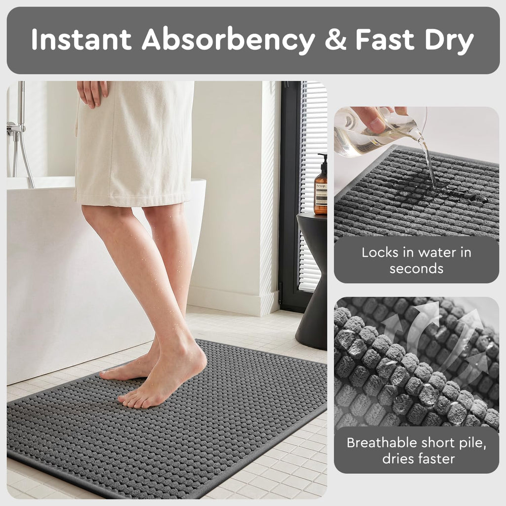 tchdio Bath Mat, Absorbent Bathroom Mat Quick Dry, Thin Bathroom Rugs Fit Under Door, Non Slip Washable Bath Rugs with Solid Rubber Backing, Low Profile Bath Mats for Bathroom, Grey, 16" x 24"