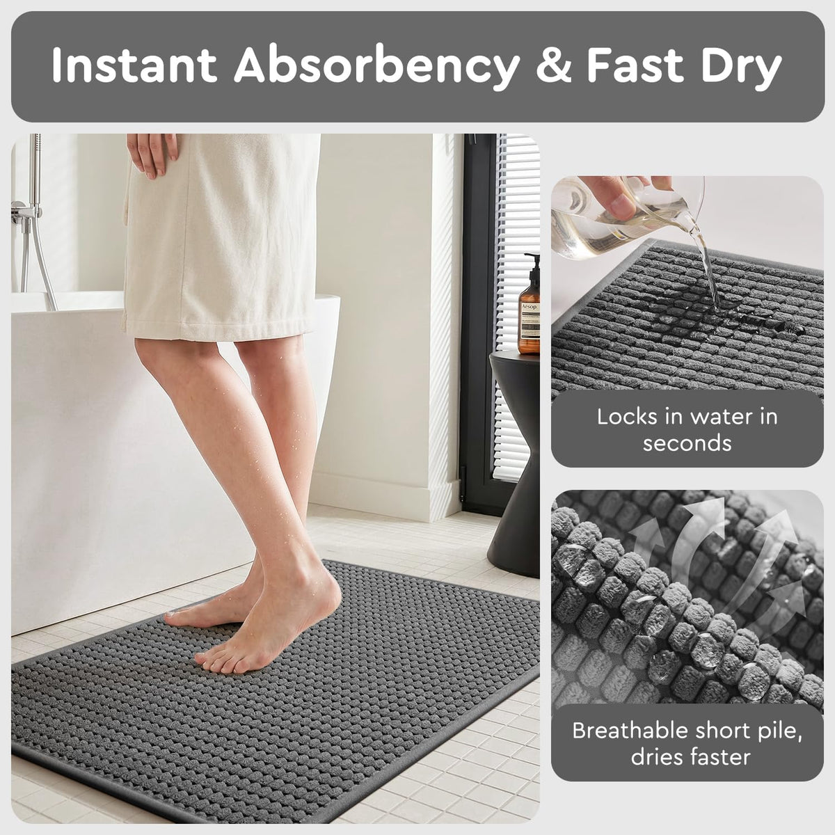 tchdio Bath Mat, Absorbent Bathroom Mat Quick Dry, Thin Bathroom Rugs Fit Under Door, Non Slip Washable Bath Rugs with Solid Rubber Backing, Low Profile Bath Mats for Bathroom, Grey, 16" x 24"