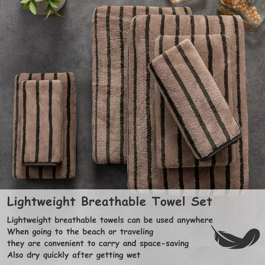 8 Pcs Brown Cabana Stripe Large Bath Towel Set-2 Bathroom Towels,2 Hand Towels,4 Washcloths Lightweight Soft Microfiber Bath Sheet Absorbent Shower Towel Quick Dry Beach Chair Spa Gym Hotel Towels