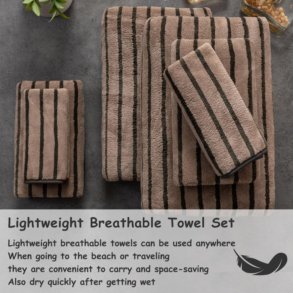8 Pcs Brown Cabana Stripe Large Bath Towel Set-2 Bathroom Towels,2 Hand Towels,4 Washcloths Lightweight Soft Microfiber Bath Sheet Absorbent Shower Towel Quick Dry Beach Chair Spa Gym Hotel Towels