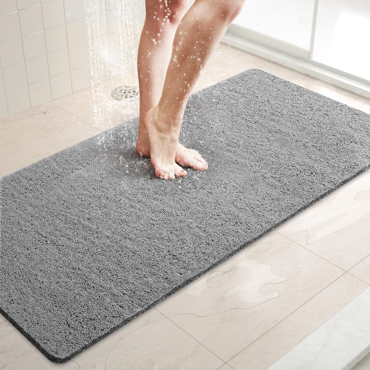 LuxStep Shower Mat Bathtub Mat,24x16 inch, Non-Slip Bath Mat with Drain, Quick Drying PVC Loofah Bathmat for Tub,Shower,Bathroom (Phthalate Free,Grey)