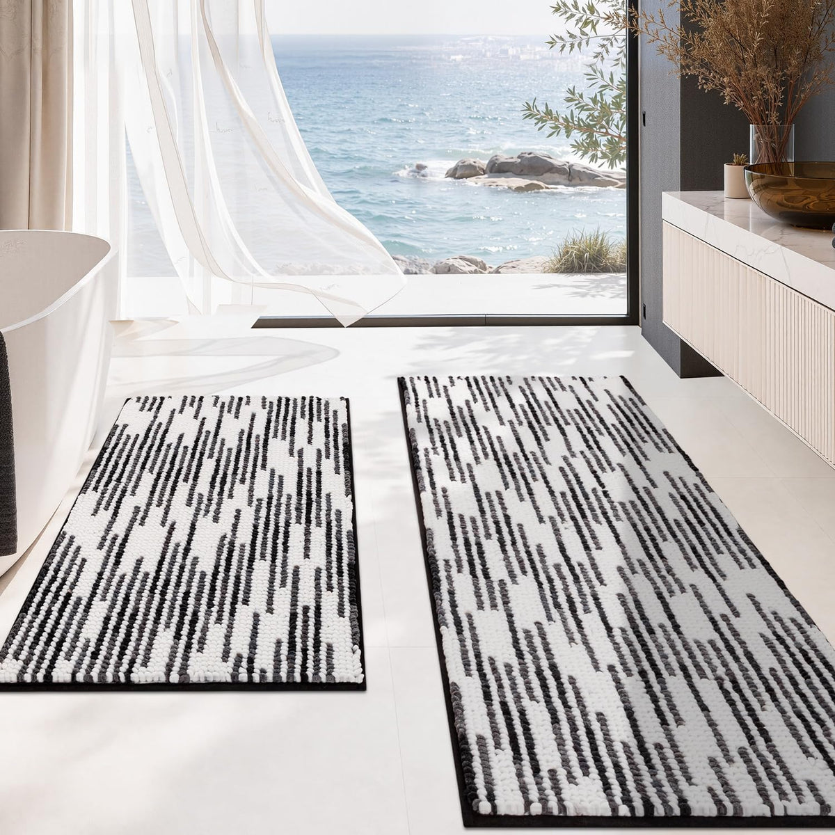 BSICPRO Bathroom Rugs Sets 2 Piece, Non Slip Boho Bath Mats, Beige