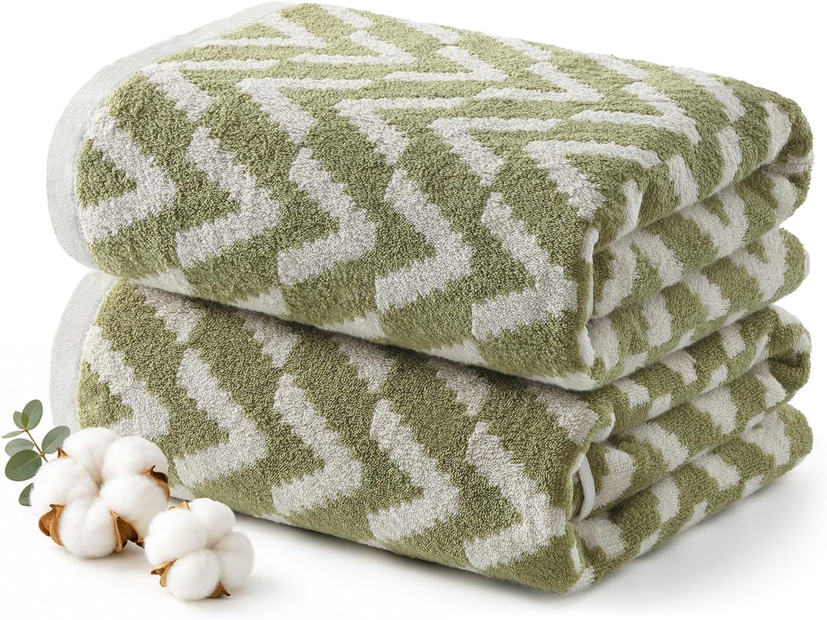 ecolook Sage Green Bath Towels Set of 2, Reversible Zigzag Pattern