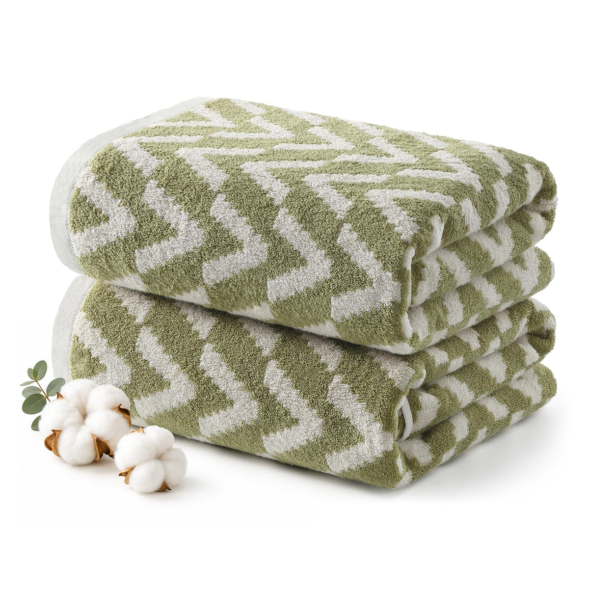 ecolook Sage Green Bath Towels Set of 2, Reversible Zigzag Pattern