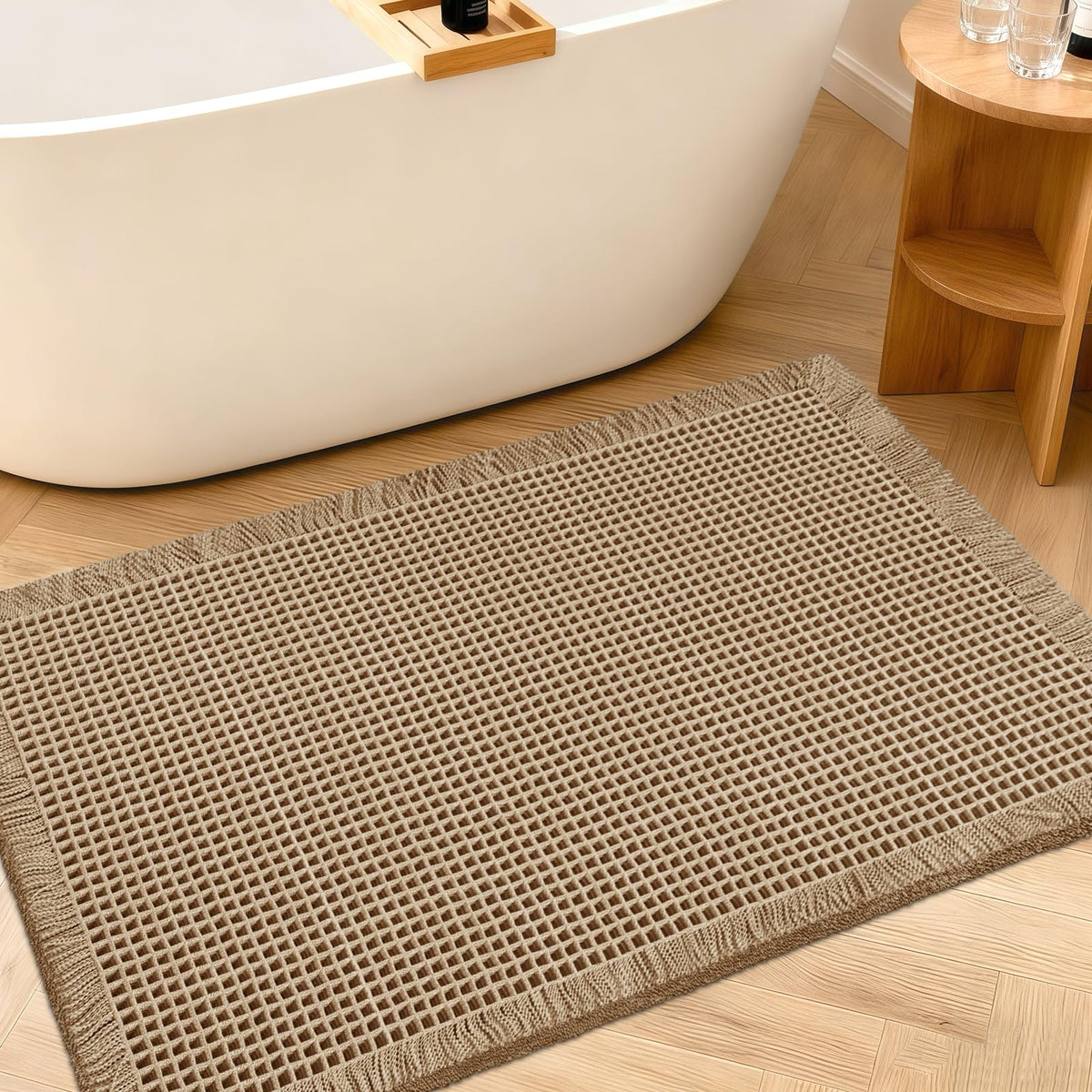 Upgraded Waffle Bath Mat Set 3 Piece Black-Looped, Super Absorbent Non-Slip Quick Dry Bathroom Rugs with Tassels, Machine Washable Ultra Soft Boho Bath Rugs for Floor, Toilet Mats Boho Farmhouse Decor