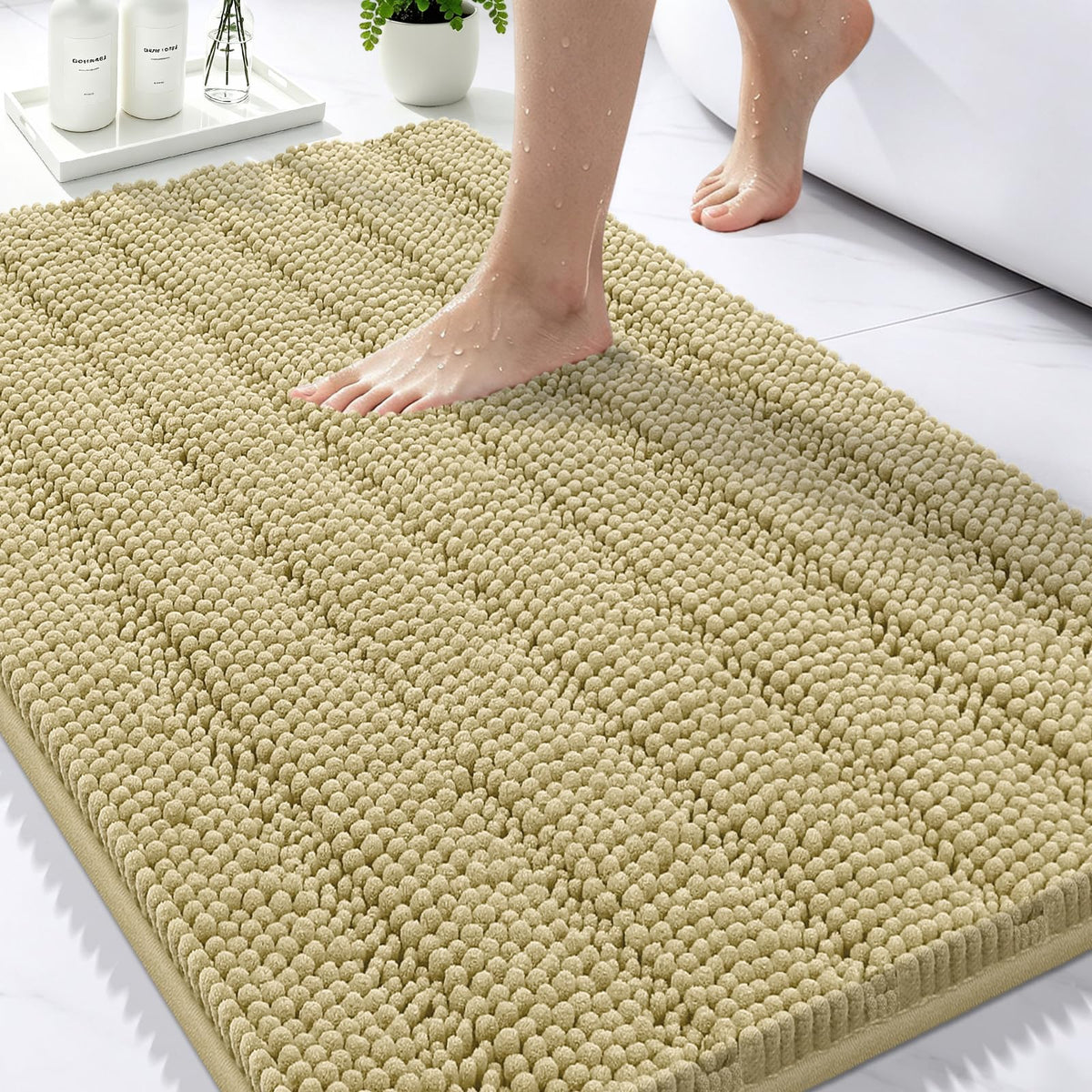 Bcoimo Small Bath Rug Mat,24x17 Chenille Non Slip Black Bathroom Floor Mats