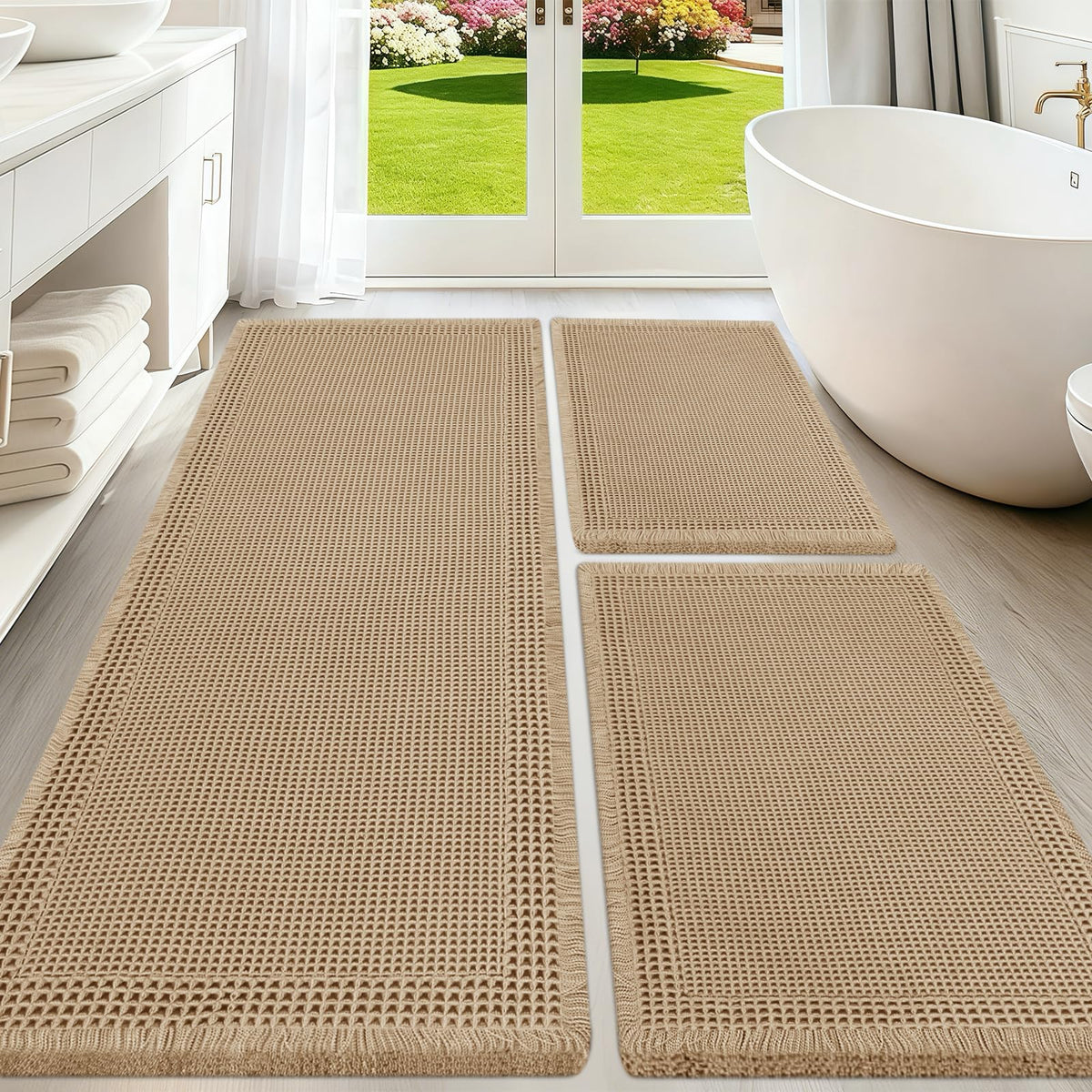 Upgraded Waffle Bath Mat Set 3 Piece Black-Looped, Super Absorbent Non-Slip Quick Dry Bathroom Rugs with Tassels, Machine Washable Ultra Soft Boho Bath Rugs for Floor, Toilet Mats Boho Farmhouse Decor