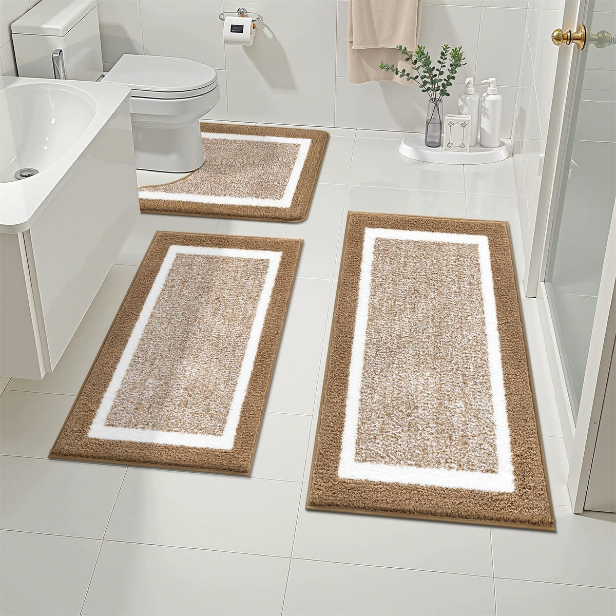 Pauwer Bathroom Rug Sets 3 Piece, Non Slip Washable Bath Mat, Black