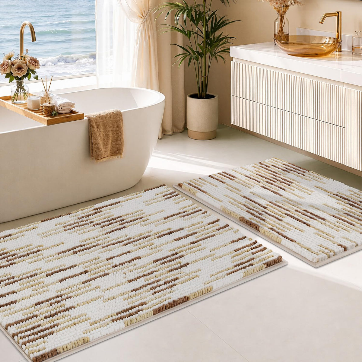 BSICPRO Bathroom Rugs Sets 2 Piece, Non Slip Boho Bath Mats, Beige