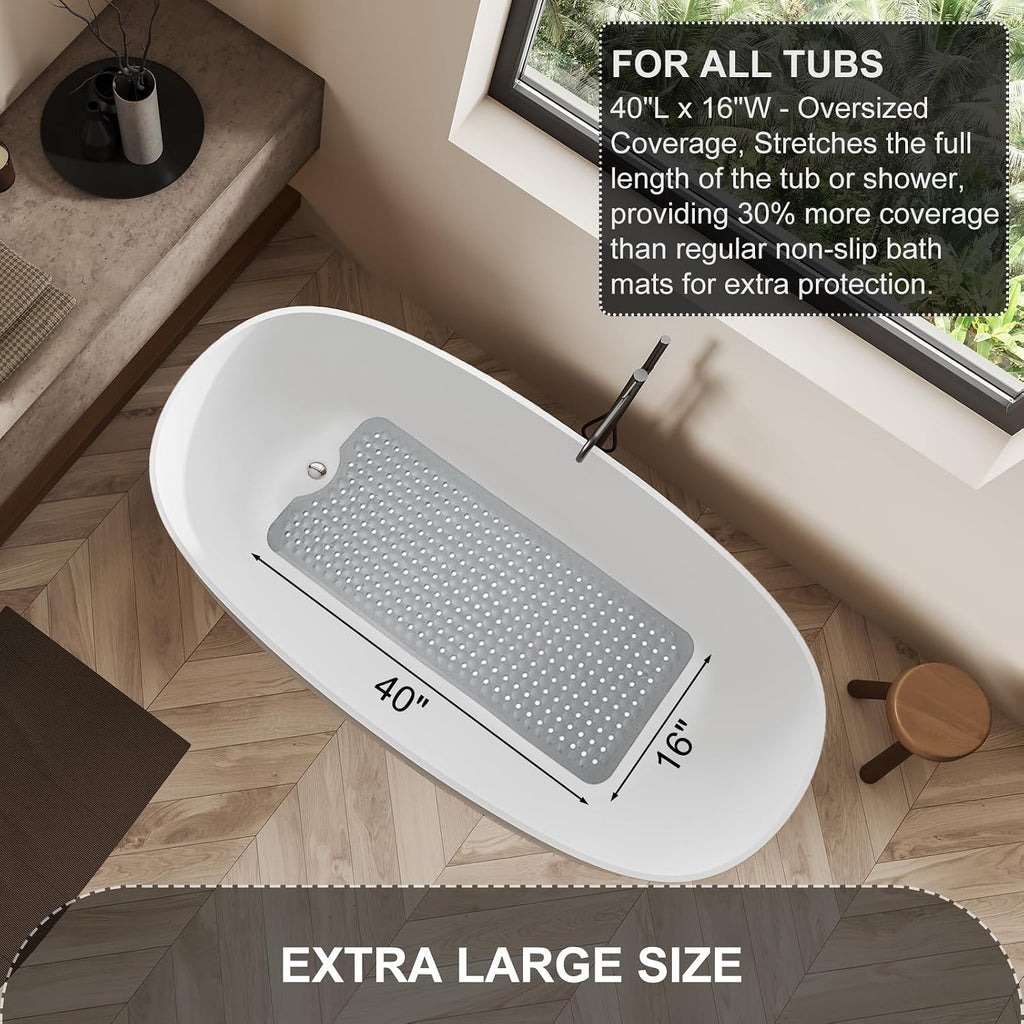 TEESHLY Bath Tub and Shower Mats, Non Slip 40 x 16 Inch Extra Large Bathtub Mat, Machine Washable Bathmat with Drain Holes, Suction Cups for Bathroom Floor, Gray