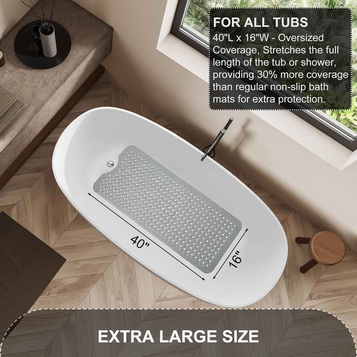 TEESHLY Bath Tub and Shower Mats, Non Slip 40 x 16 Inch Extra Large Bathtub Mat, Machine Washable Bathmat with Drain Holes, Suction Cups for Bathroom Floor, Gray