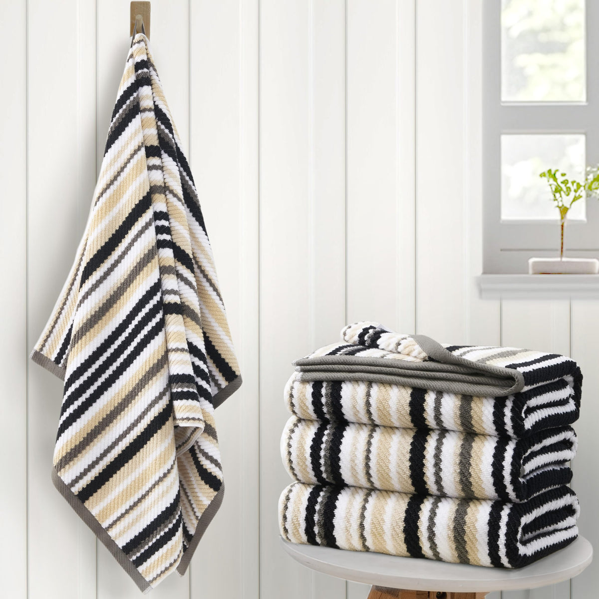 VOOVA & MOVAS Yellow Bathroom Towels 3 Pack, 100% Cotton, Gray Striped