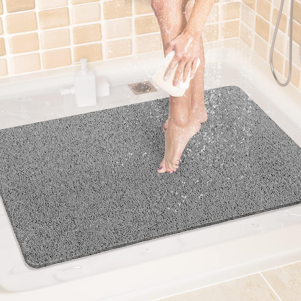 LuxStep Shower Mat Bathtub Mat,24x16 inch, Non-Slip Bath Mat with Drain, Quick Drying PVC Loofah Bathmat for Tub,Shower,Bathroom (Phthalate Free,Grey)
