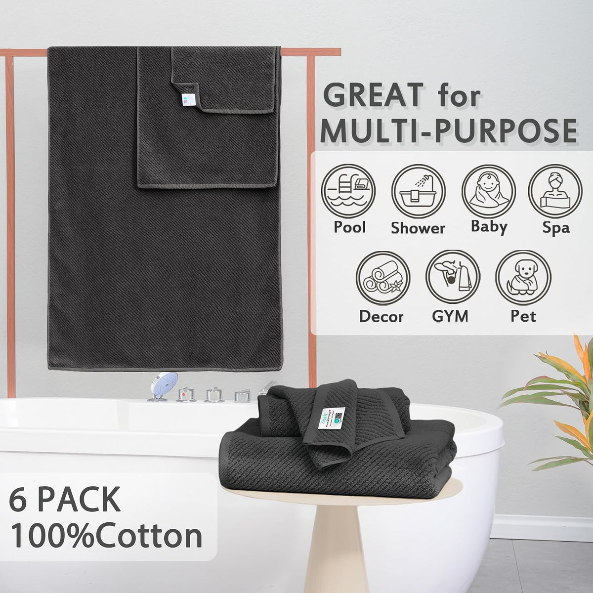 VOOVA & MOVAS 6PC Towel Set, 100% Cotton, Dark Grey