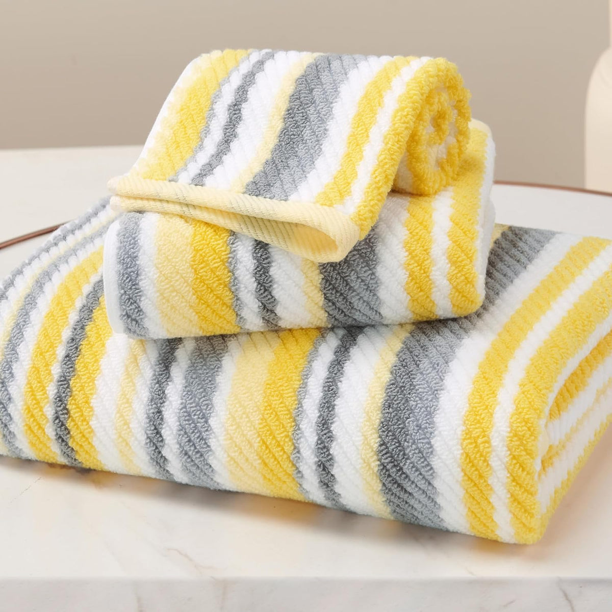 VOOVA & MOVAS Yellow Bathroom Towels 3 Pack, 100% Cotton, Gray Striped