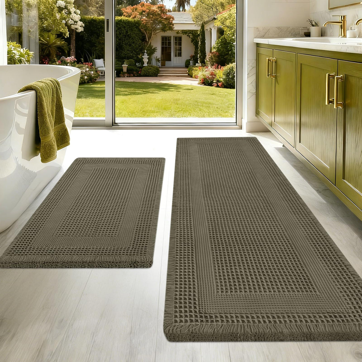 Upgraded Waffle Bath Mat Set 3 Piece Black-Looped, Super Absorbent Non-Slip Quick Dry Bathroom Rugs with Tassels, Machine Washable Ultra Soft Boho Bath Rugs for Floor, Toilet Mats Boho Farmhouse Decor