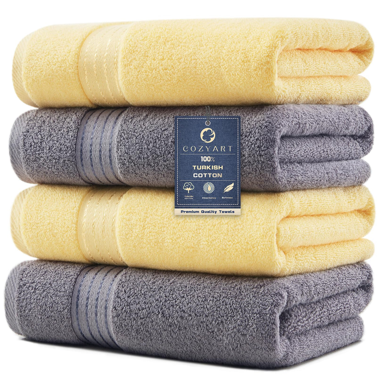 COZYART Luxury Bath Towels 4 PCS, 27x54 650 GSM Turkish Cotton, Light Blue