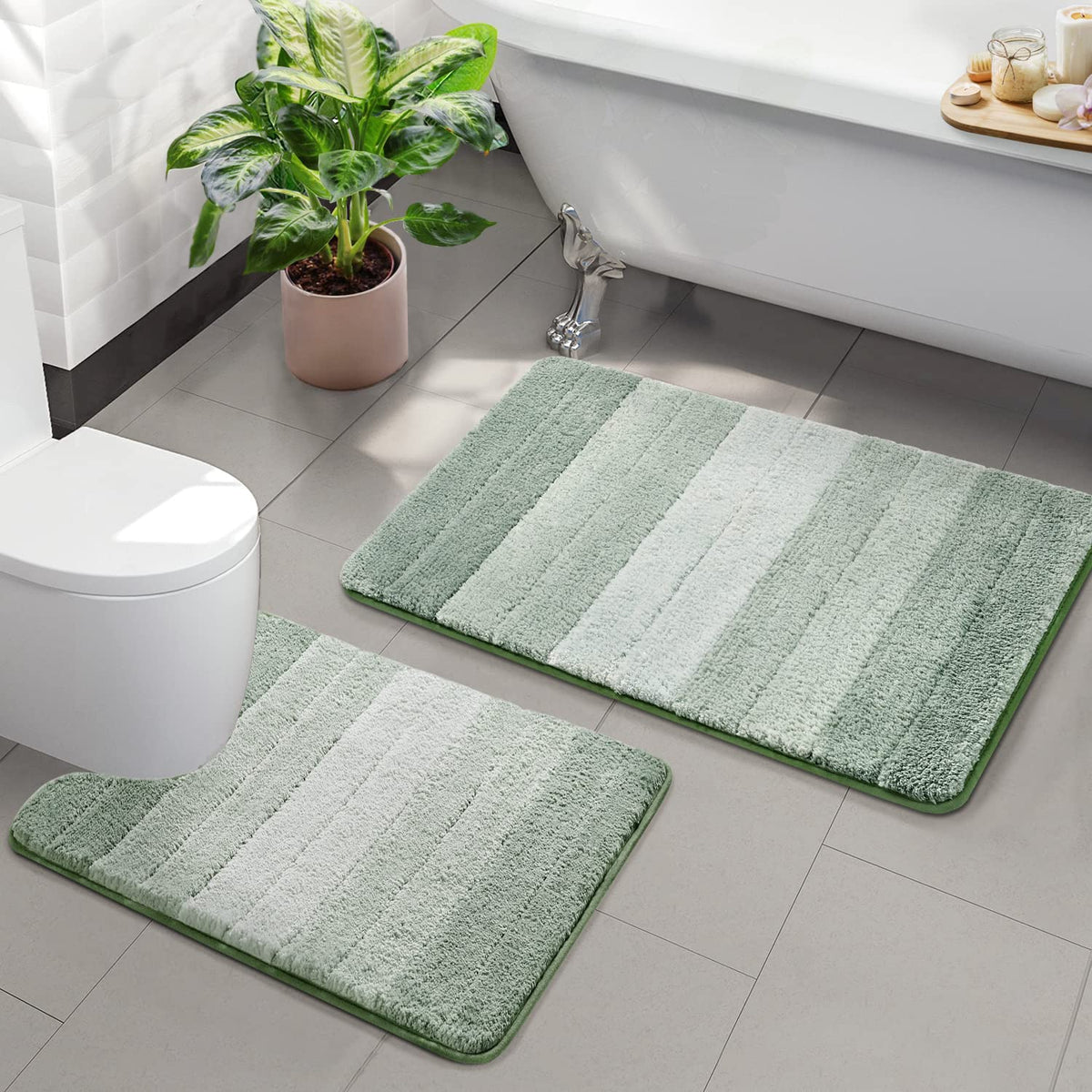 Kmson Ombre Bath Mat for Bathroom, Non Slip Ultra Soft and Thick Water Absorbent Bath Carpet, Machine Washable & Quick Dry Bathroom Rug, for Bedroom Door Living Room Green 17" x 24"