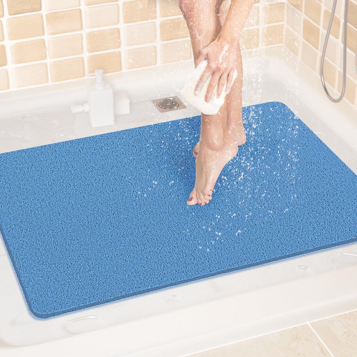 LuxStep Shower Mat Bathtub Mat,24x16 inch, Non-Slip Bath Mat with Drain, Quick Drying PVC Loofah Bathmat for Tub,Shower,Bathroom (Phthalate Free,Grey)