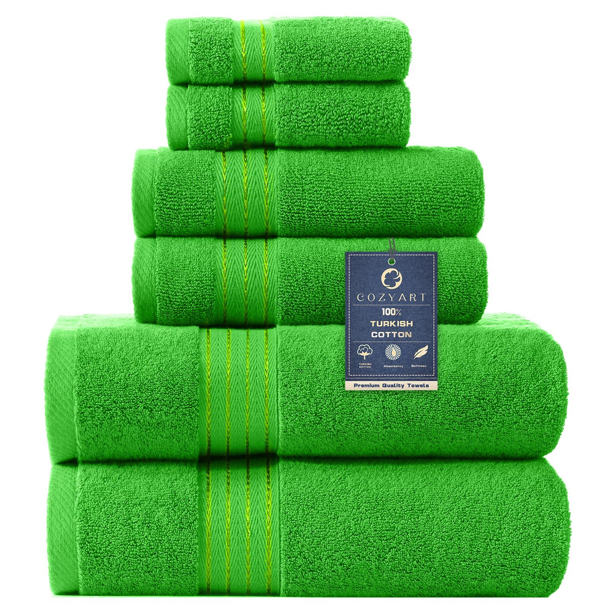 COZYART Luxury Bath Towel Set 6 Pcs, Dark Green 100% Turkish Cotton 650 GSM