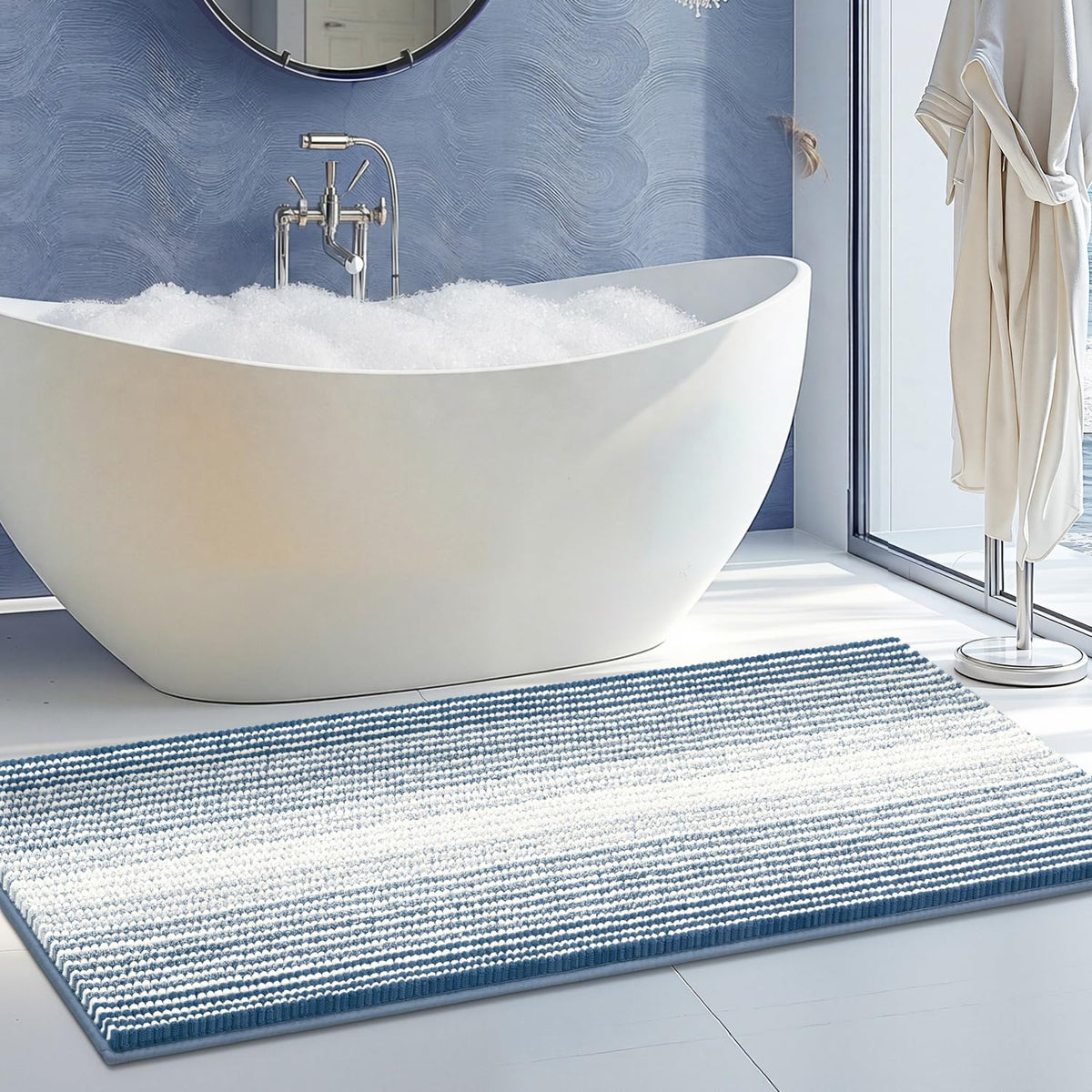 BSICPRO Bathroom Rugs Sets 2 Piece, Non Slip Striped Bath Mats, Aqua Green