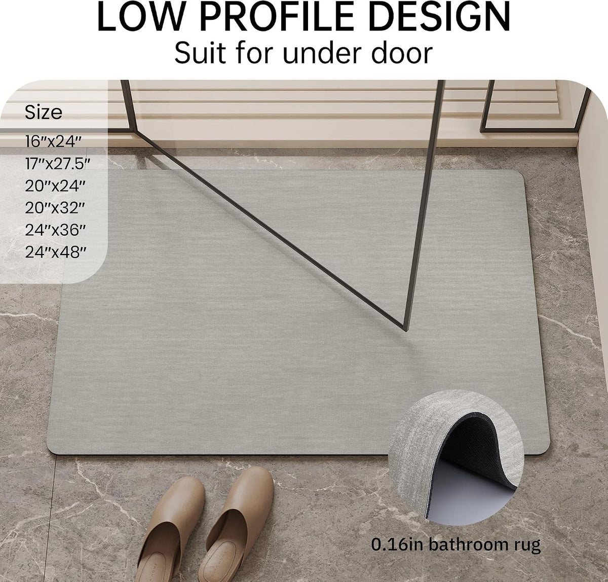 Mecko Bath Mat 16"x24",Ultra Thin Bathroom Rug fit Under Door Light Grey