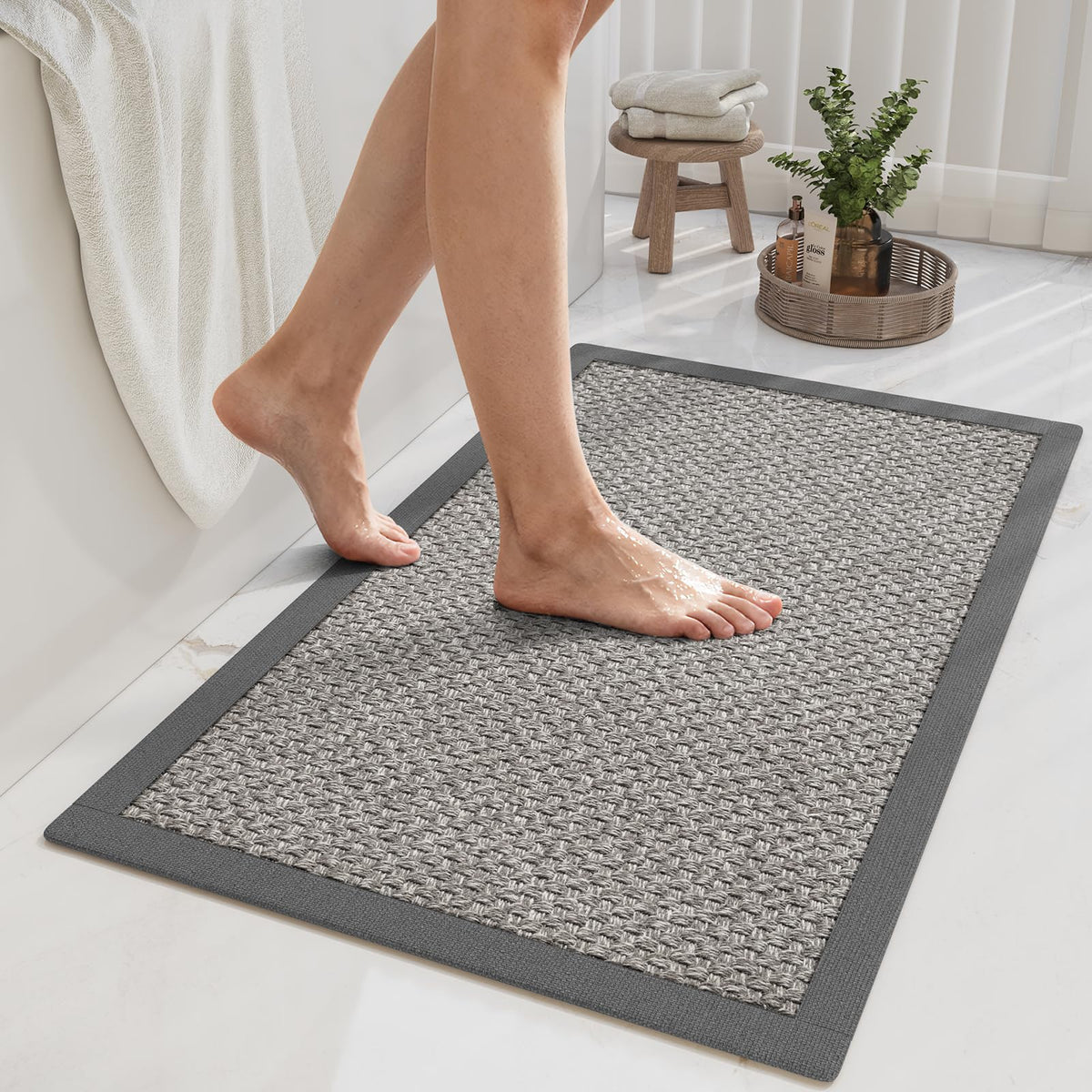YDKGL Non Slip Bath Mat Thin Bathroom Rugs Fit Under Door Dark Grey 16"x24"
