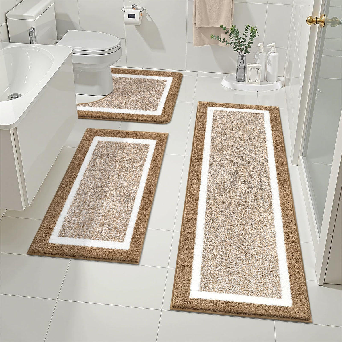 Pauwer Bathroom Rug Sets 3 Piece, Non Slip Washable Bath Mat, Black