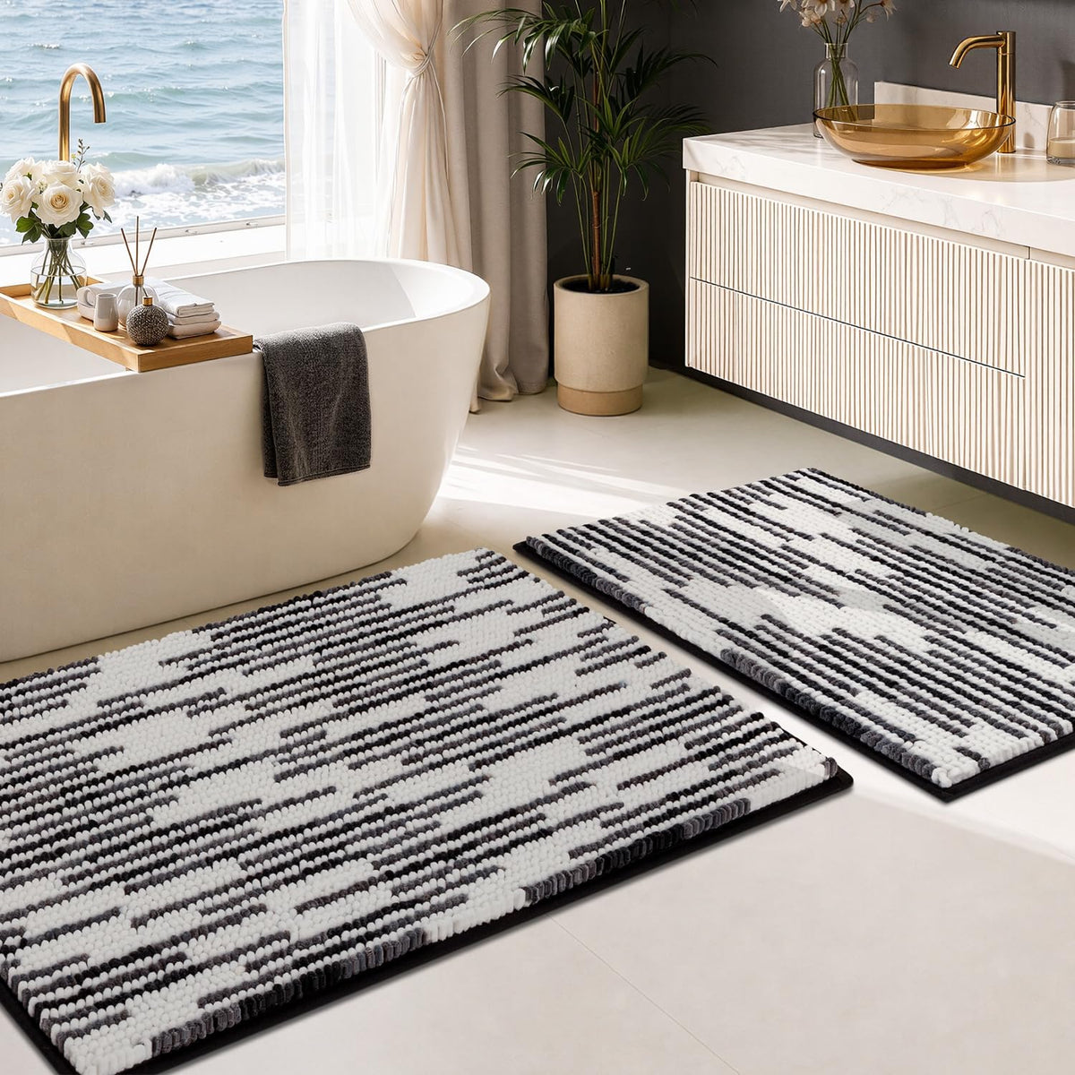 BSICPRO Bathroom Rugs Sets 2 Piece, Non Slip Striped Bath Mats, Aqua Green