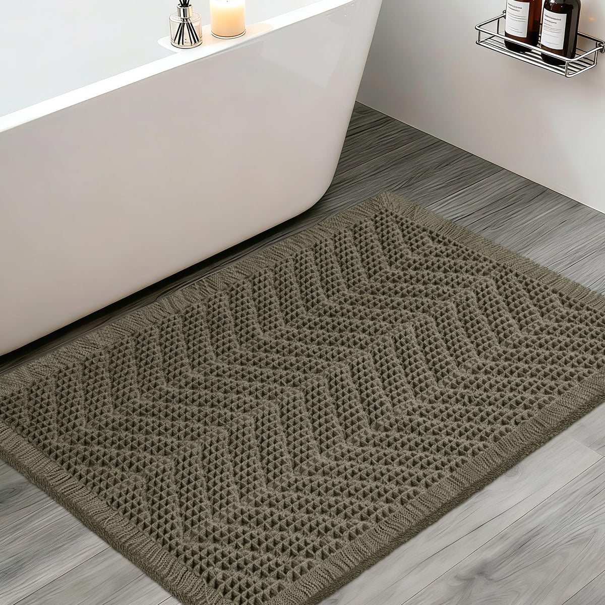 Upgraded Waffle Bath Mat Set 3 Piece Black-Looped, Super Absorbent Non-Slip Quick Dry Bathroom Rugs with Tassels, Machine Washable Ultra Soft Boho Bath Rugs for Floor, Toilet Mats Boho Farmhouse Decor