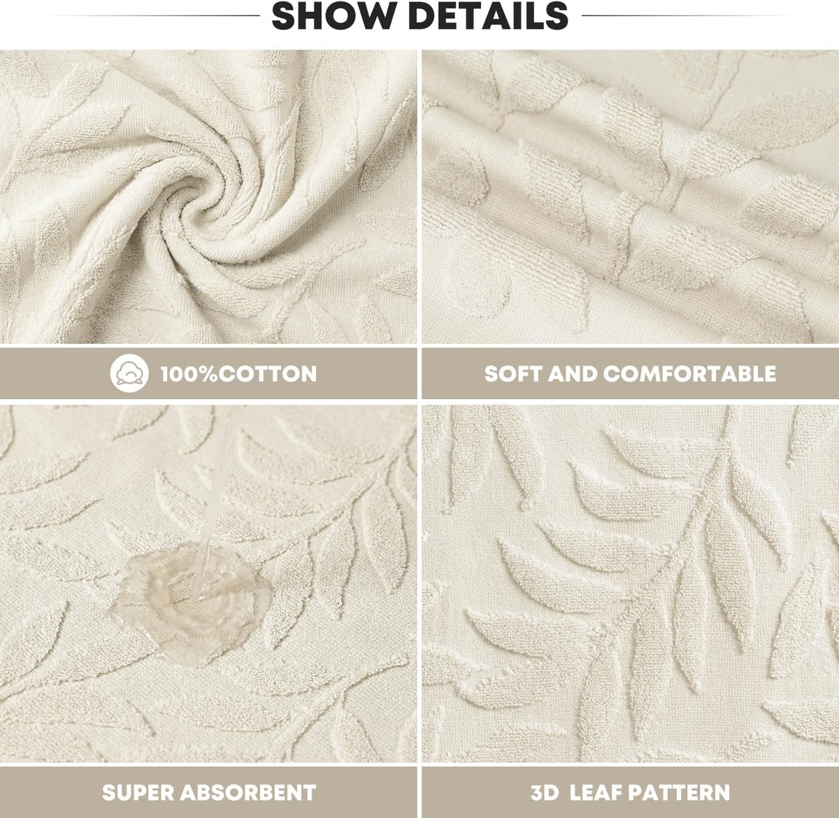 Artoid Mode 2 Pcs Beige 3D Leaves Jacquard Hand Towels for Bathroom, 100% Cotton Soft Absorbent Bathroom Decor Towels, 13.7 x 29.5 Inch