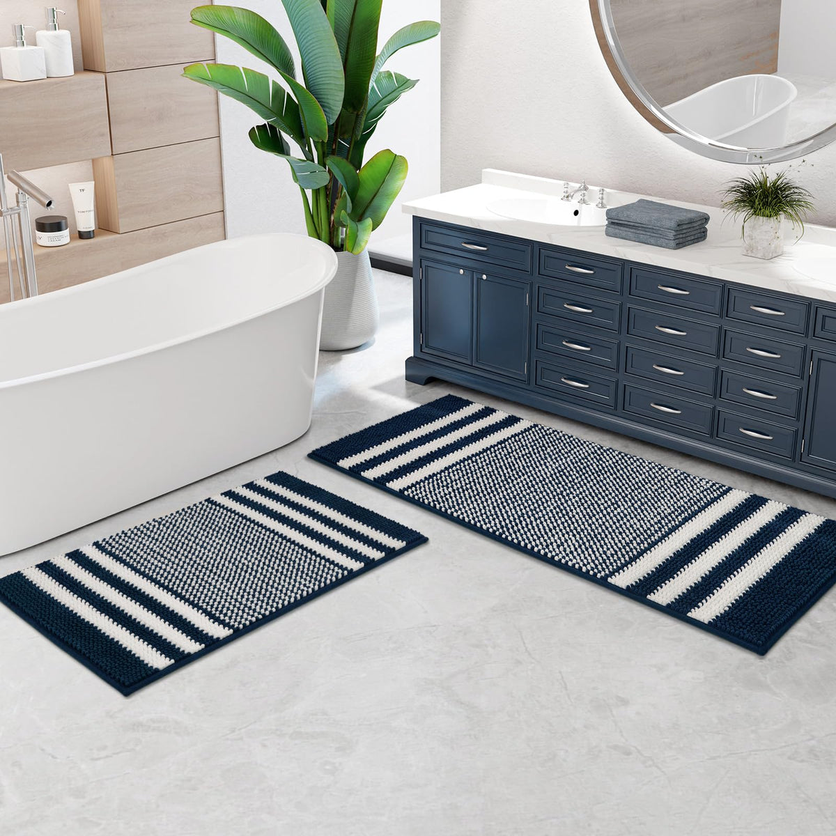 BSICPRO Bathroom Rugs Sets 2 Piece, Non Slip Striped Bath Mats, Aqua Green