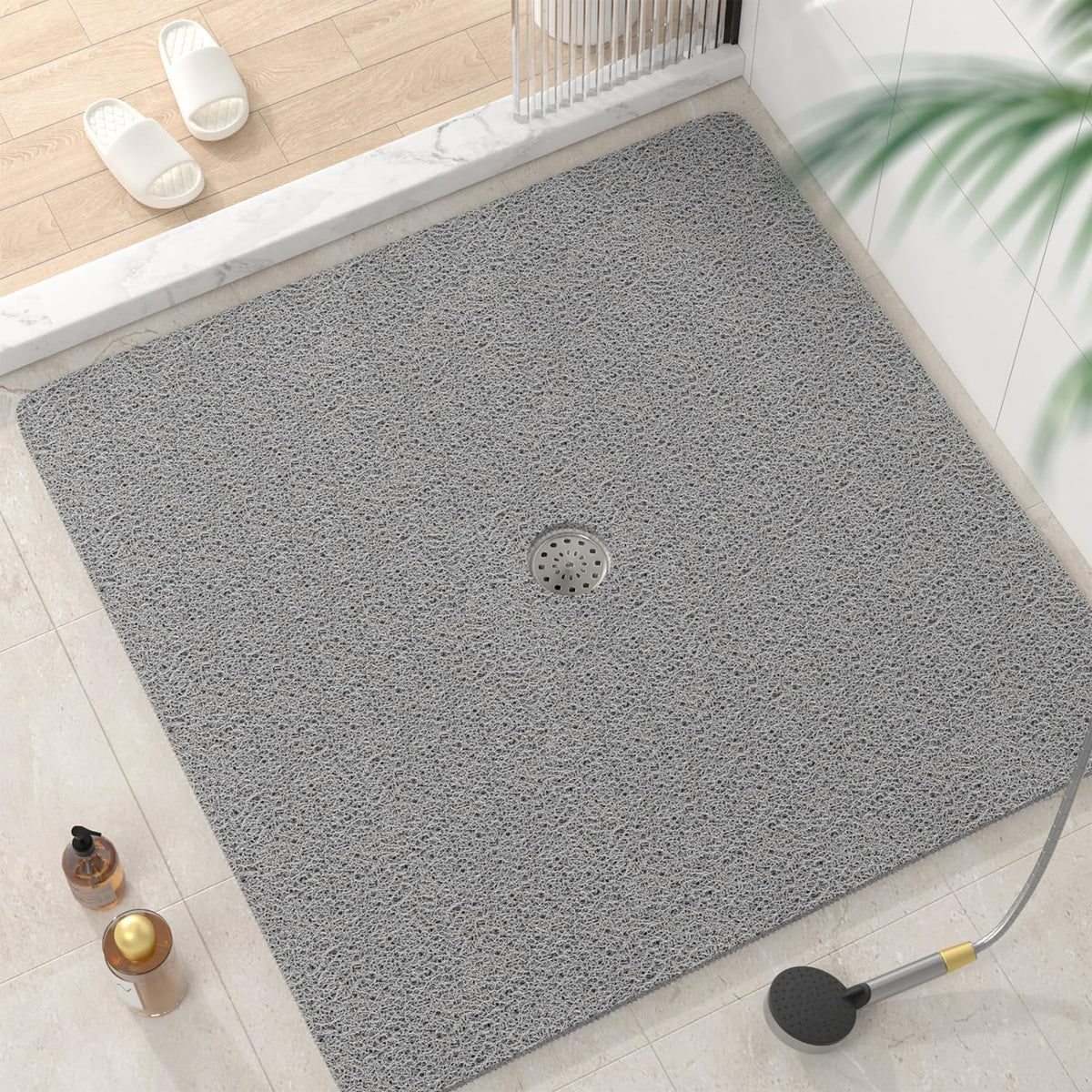 HITSLAM Square Shower Mat, 24 x 24 Inch Non Slip Bath Mat for Tub, Soft PVC Loofah Bathtub Mats with Drain Holes, Quick Drying Bathroom Stall Floor Mat, Bathroom Accessories Without Suction Cup, Grey