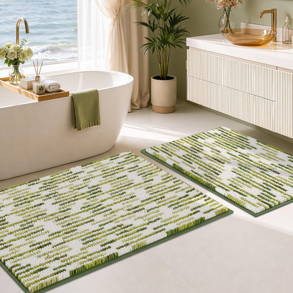 BSICPRO Bathroom Rugs Sets 2 Piece, Non Slip Boho Bath Mats, Beige