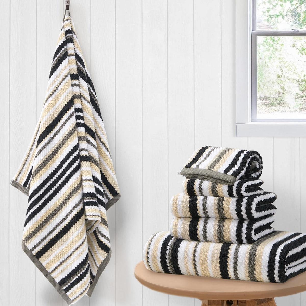 VOOVA & MOVAS Yellow Bathroom Towels 3 Pack, 100% Cotton, Gray Striped