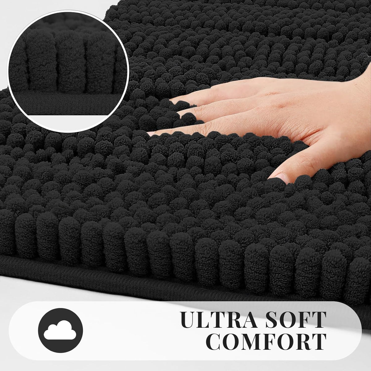 Bcoimo Small Bath Rug Mat,24x17 Chenille Non Slip Black Bathroom Floor Mats