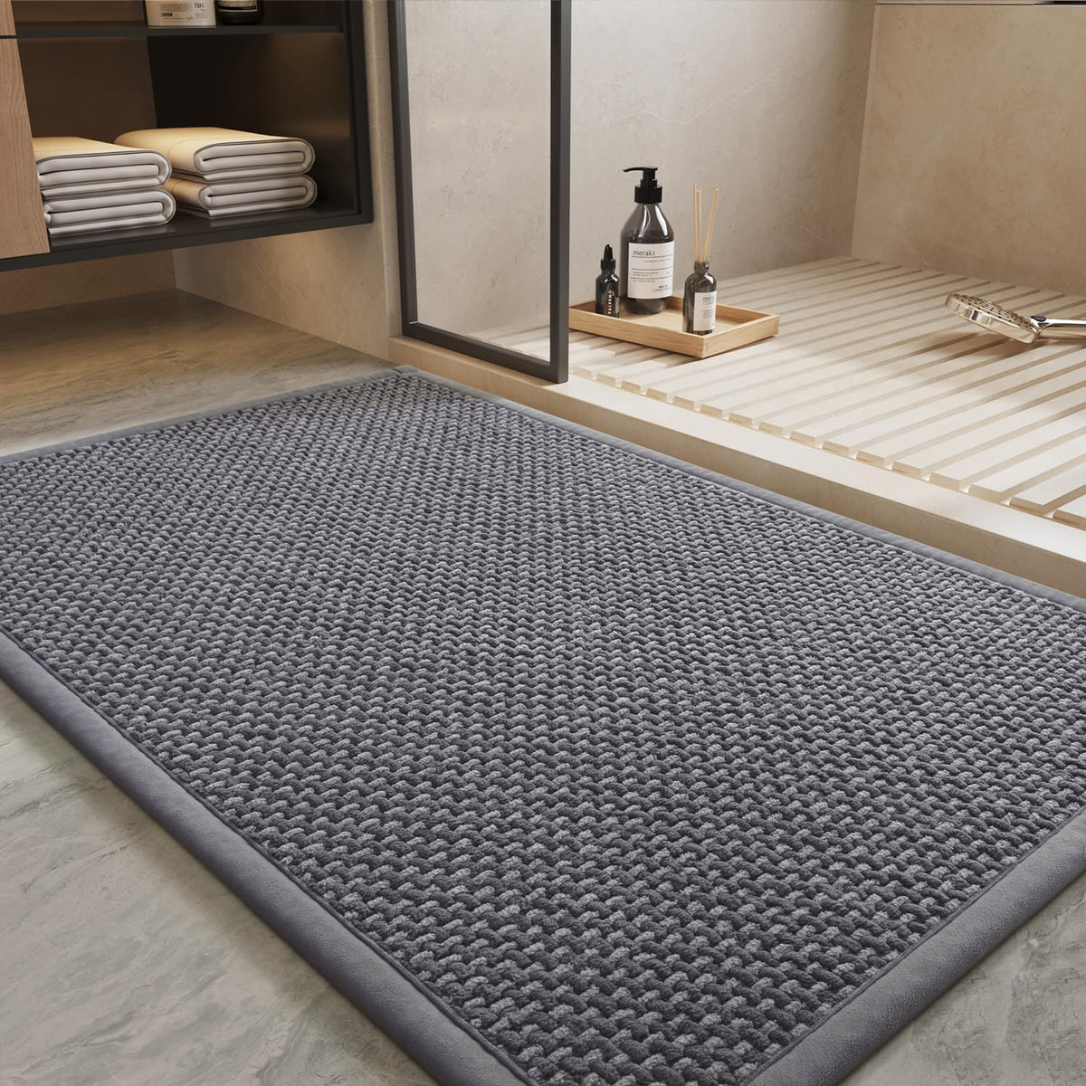 PADOOR-Bath Mat-Super Absorbent Chenille Bathroom Mats-Rubber Backed Bath Mats for Bathroom Non Slip, Easy Clean Bathroom Rugs Front of Bathtub,Shower Room,Sink-17×28, Beige&Cream