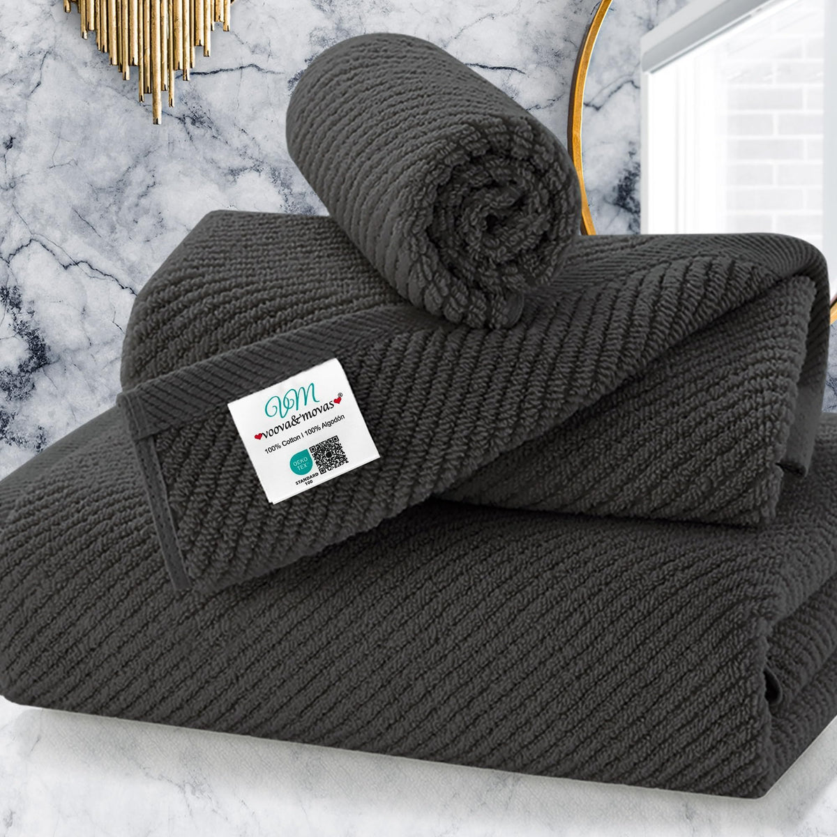 VOOVA & MOVAS 6PC Towel Set, 100% Cotton, Dark Grey