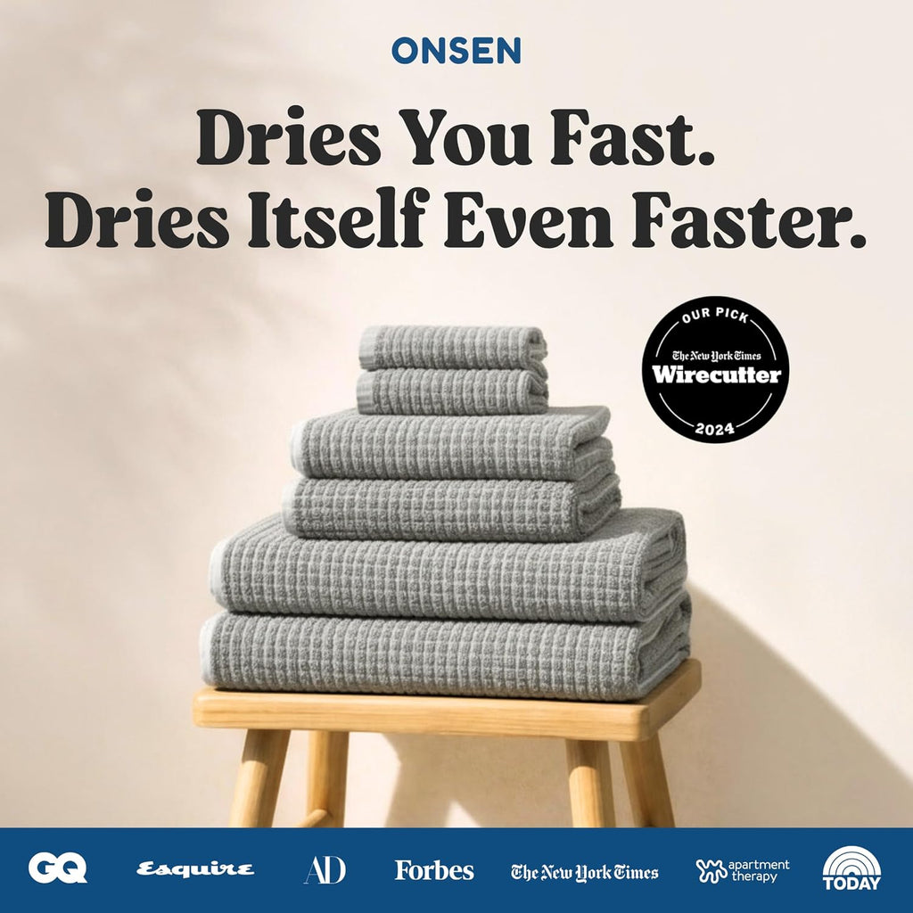 ONSEN Sculpted Terry Bath Towels, 100% American Cotton, Quick Dry Lint Free, Lightweight Absorbent Bath Towel Set with Hanging Loop, 28x55 in (Grey Fog, 2X Bath Towel)