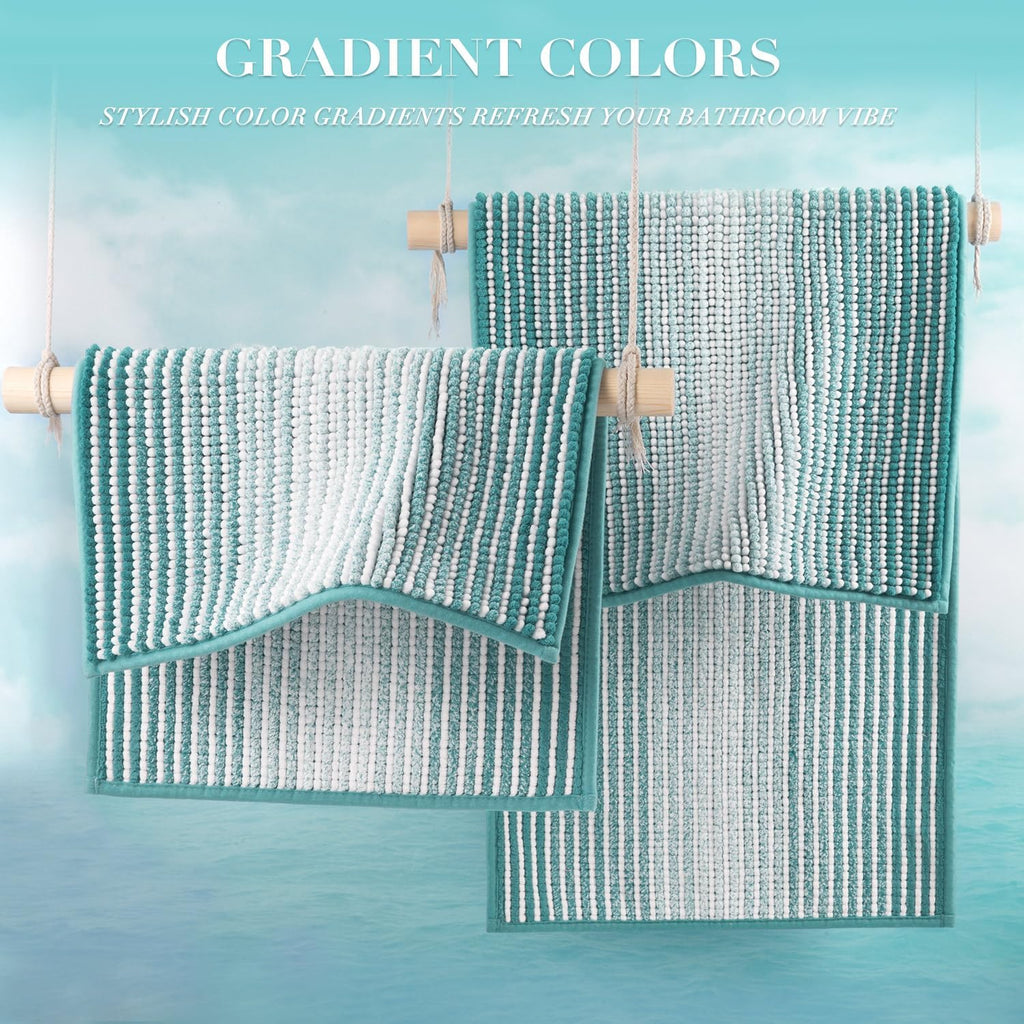 BSICPRO Bathroom Rugs Sets 2 Piece, Non Slip Striped Bath Mats, Aqua Green
