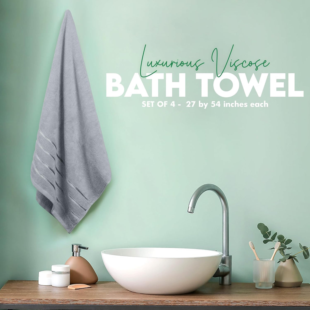 Utopia Towels 4 Pack Premium Viscose Oversized Bath Towels Set, Ring Spun Cotton, 27 by 54 Inches, Highly Absorbent, Quick Drying Shower Towels for Bathroom, Spa, Hotel and Gym, Cool Grey