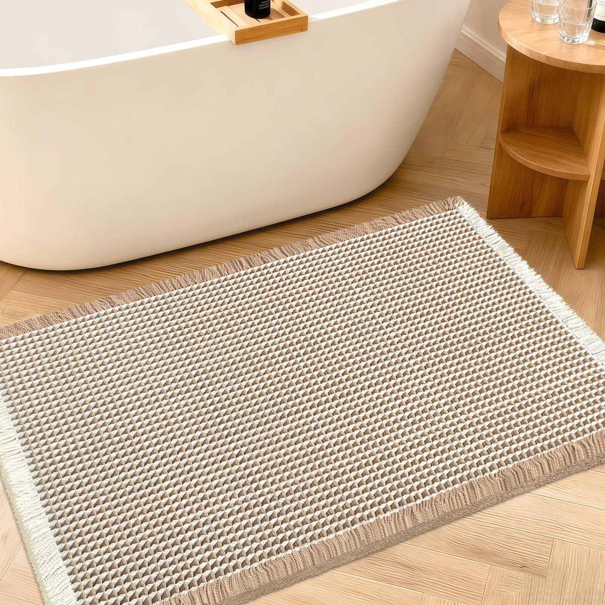 Upgraded Waffle Bath Mat Set 3 Piece Black-Looped, Super Absorbent Non-Slip Quick Dry Bathroom Rugs with Tassels, Machine Washable Ultra Soft Boho Bath Rugs for Floor, Toilet Mats Boho Farmhouse Decor