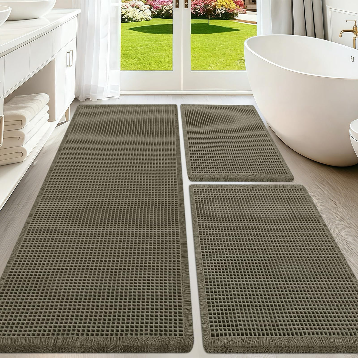 Upgraded Waffle Bath Mat Set 3 Piece Black-Looped, Super Absorbent Non-Slip Quick Dry Bathroom Rugs with Tassels, Machine Washable Ultra Soft Boho Bath Rugs for Floor, Toilet Mats Boho Farmhouse Decor