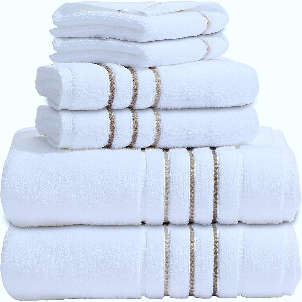 Bath Towels Set for Bathroom – Luxury 6-Piece Cotton Towels, Soft Absorbent & Quick Dry, 600 GSM Bath Towels for Bathroom, Hotel Spa Quality (White/Taupe, 6- Bath Towel Set)